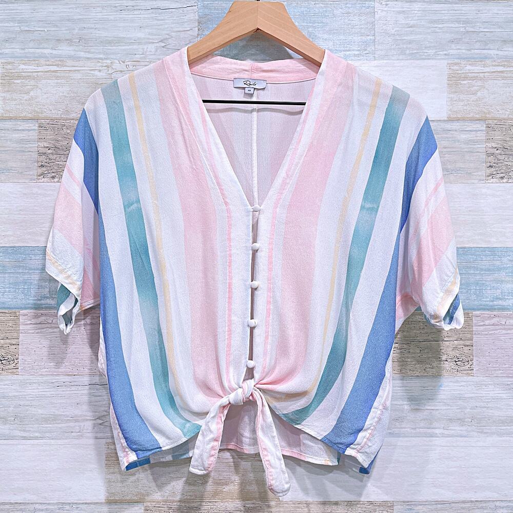 RAILS Thea Striped Tie Front Top Blue Pink Pastel Dolman Half Sleeve Womens XS